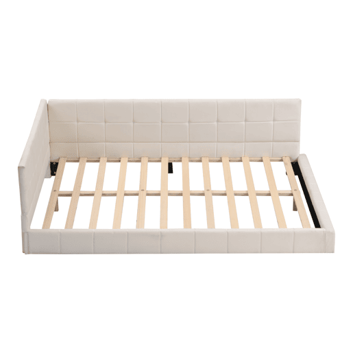 Cama de adulto 140x200cm em veludo com estrado de ripas e grade de ripas - Bege