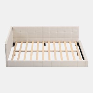 Cama de adulto 140x200cm em veludo com estrado de ripas e grade de ripas - Bege