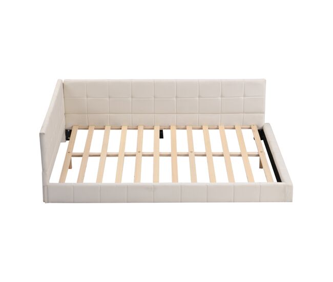 Cama para adultos 140x200cm en terciopelo con reja y somier de láminas - beige