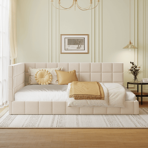 Cama de adulto 140x200cm em veludo com estrado de ripas e grade de ripas - Bege