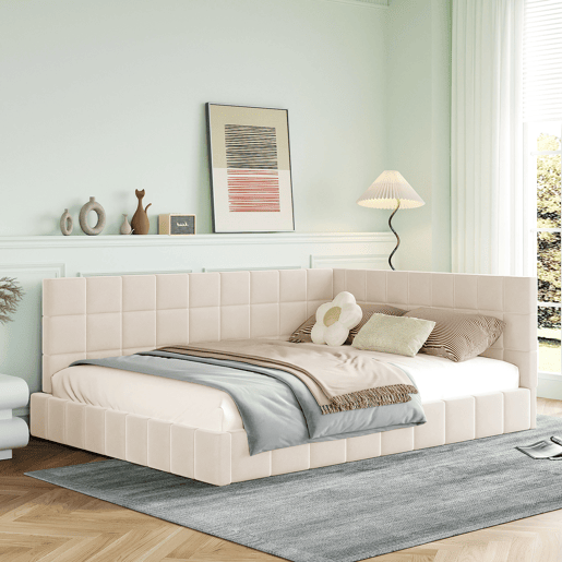 Cama de adulto 140x200cm em veludo com estrado de ripas e grade de ripas - Bege