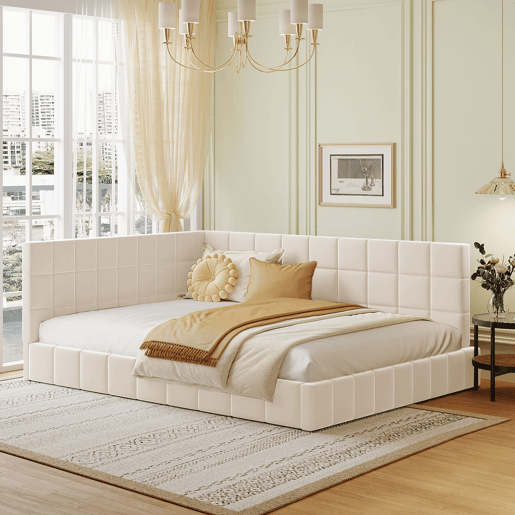Cama de adulto 140x200cm em veludo com estrado de ripas e grade de ripas - Bege