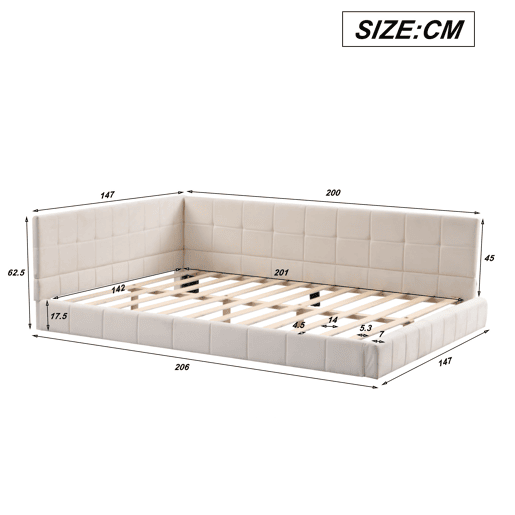 Cama de adulto 140x200cm em veludo com estrado de ripas e grade de ripas - Bege