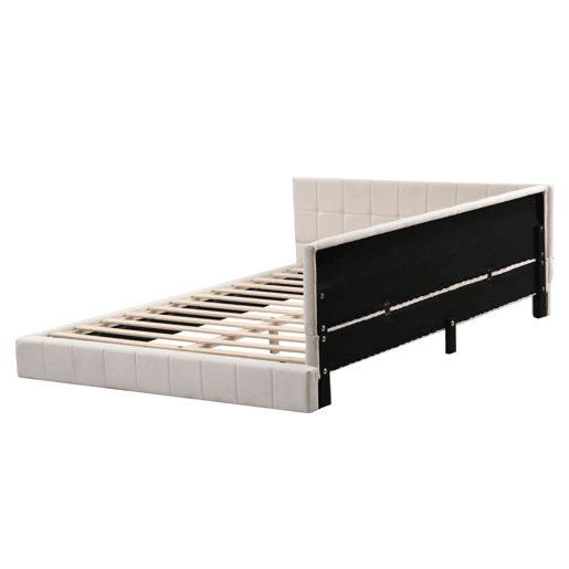 Cama de adulto 140x200cm em veludo com estrado de ripas e grade de ripas - Bege
