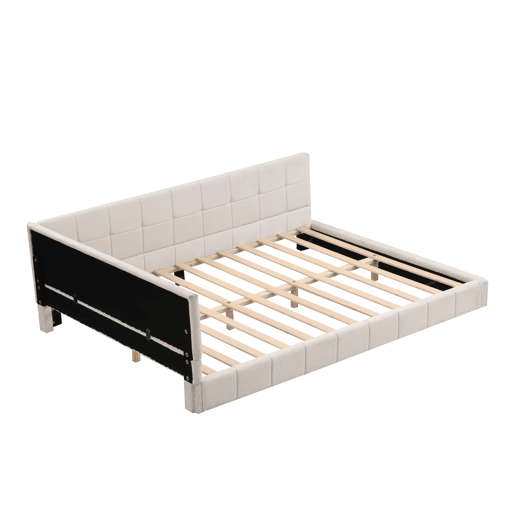 Cama de adulto 140x200cm em veludo com estrado de ripas e grade de ripas - Bege