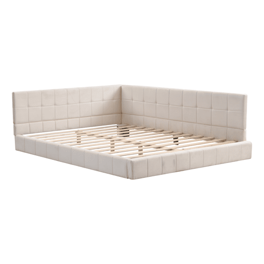 Cama de adulto 140x200cm em veludo com estrado de ripas e grade de ripas - Bege