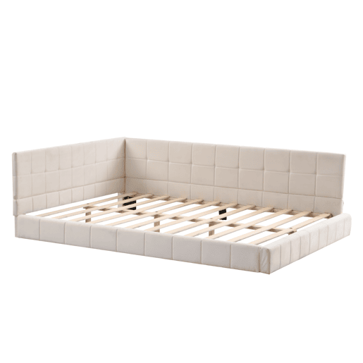 Cama de adulto 140x200cm em veludo com estrado de ripas e grade de ripas - Bege