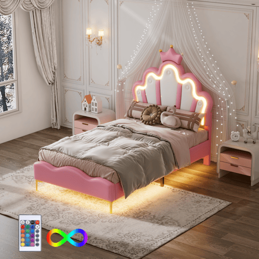 Cama de criança 90x200cm com LED - cama de princesa com almofada de pele sintética - Rosa