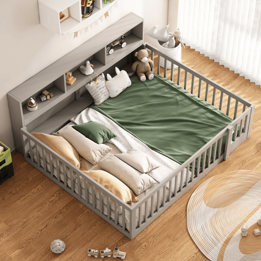 Cama de madeira 140x200cm - com cabeceira com arrumação e estrado de molas - Cinzento