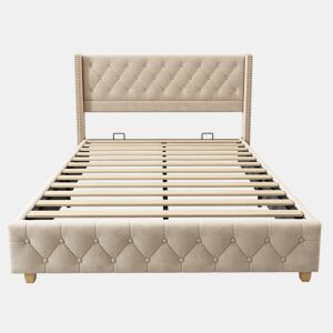 Cama de adulto estofada em veludo - 160x200 cm - com estrado de molas - Bege
