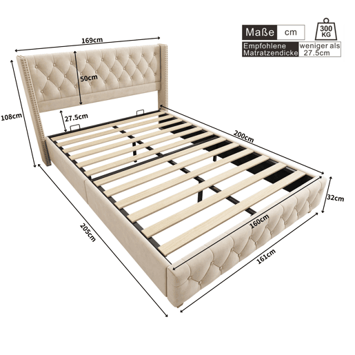 Cama de adulto estofada em veludo - 160x200 cm - com estrado de molas - Bege