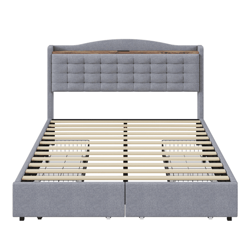 Cama de linho para adultos 140x200 cm - com tomada USB e 4 gavetas - estrado de ripas - Cinzento claro
