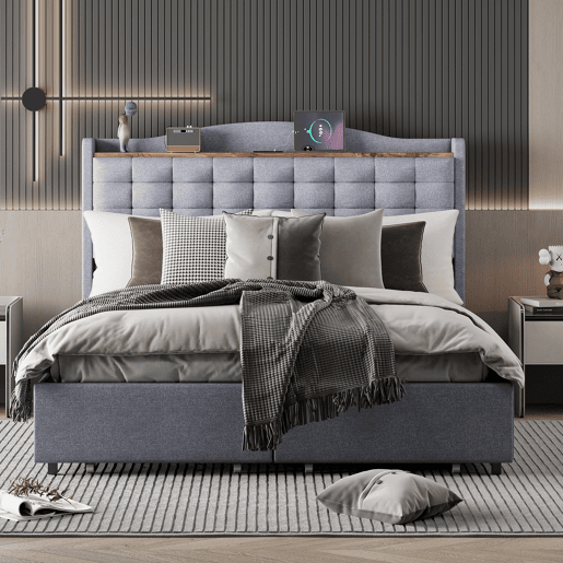 Cama de linho para adultos 140x200 cm - com tomada USB e 4 gavetas - estrado de ripas - Cinzento claro