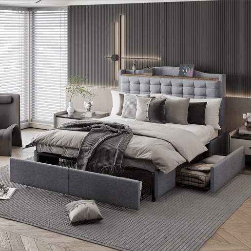 Cama de linho para adultos 140x200 cm - com tomada USB e 4 gavetas - estrado de ripas - Cinzento claro