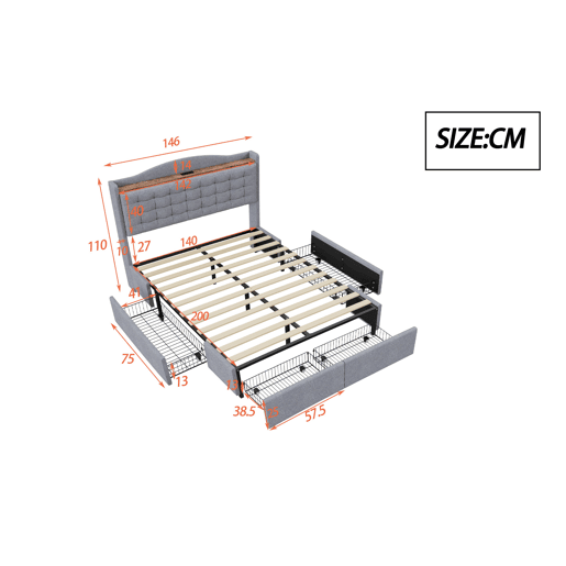 Cama de linho para adultos 140x200 cm - com tomada USB e 4 gavetas - estrado de ripas - Cinzento claro