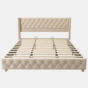 Cama de adulto estofada em veludo - 180x200 cm - com estrado de molas - Bege