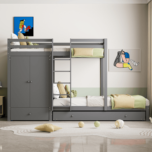 Combinação de beliche 2x90x200 cm + cama de rodízio 90x190 cm - com 1 roupeiro, 2 gavetas e prateleiras - Cinzento