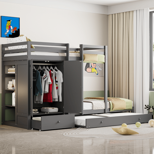 Combinação de beliche 2x90x200 cm + cama de rodízio 90x190 cm - com 1 roupeiro, 2 gavetas e prateleiras - Cinzento