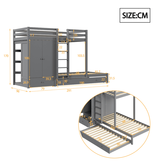 Combinação de beliche 2x90x200 cm + cama de rodízio 90x190 cm - com 1 roupeiro, 2 gavetas e prateleiras - Cinzento