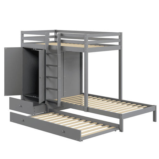 Combinação de beliche 2x90x200 cm + cama de rodízio 90x190 cm - com 1 roupeiro, 2 gavetas e prateleiras - Cinzento