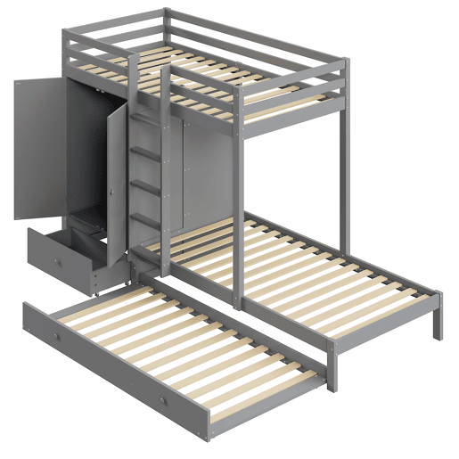 Combinação de beliche 2x90x200 cm + cama de rodízio 90x190 cm - com 1 roupeiro, 2 gavetas e prateleiras - Cinzento