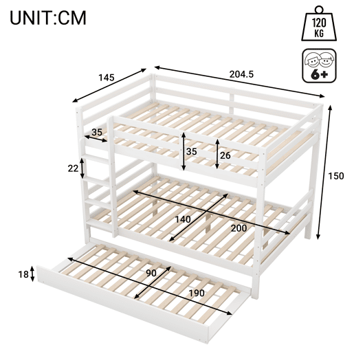 Beliche 2x140x200cm com cama de rodÃzio 90x190cm - com grade e escada - Branco Beliche 2x140x200cm com cama de rodÃzio 90x190cm - com grade e escada - Branco