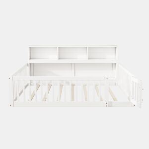Cama de madeira 140x200cm - com cabeceira com arrumação e estrado de ripas - Branco