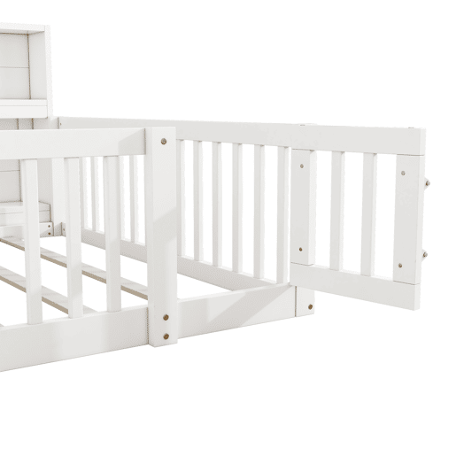 Cama de madeira 140x200cm - com cabeceira com arrumação e estrado de ripas - Branco