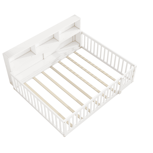 Cama de madeira 140x200cm - com cabeceira com arrumação e estrado de ripas - Branco