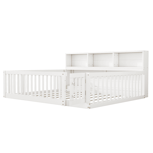Cama de madeira 140x200cm - com cabeceira com arrumação e estrado de ripas - Branco
