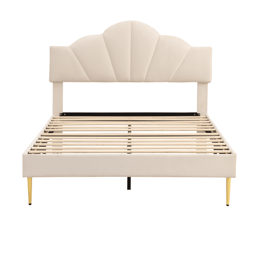Cama de criança em veludo - 140x190cm - cabeceira em forma de concha - Bege