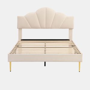 Cama de criança em veludo - 140x190cm - cabeceira em forma de concha - Bege