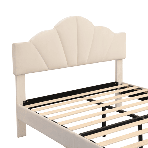 Cama de criança em veludo - 140x190cm - cabeceira em forma de concha - Bege