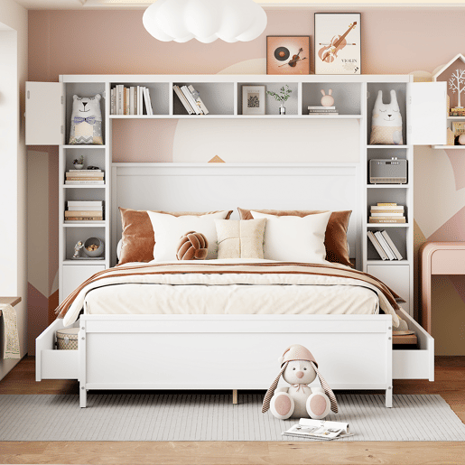 Cama de casal 140x200cm - com 4 gavetas e cabeceira com grande arrumação - madeira maciça - Branco