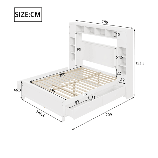Cama de casal 140x200cm - com 4 gavetas e cabeceira com grande arrumação - madeira maciça - Branco