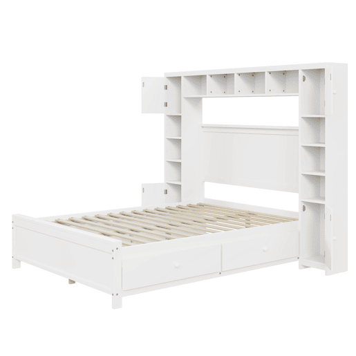 Cama de casal 140x200cm - com 4 gavetas e cabeceira com grande arrumação - madeira maciça - Branco