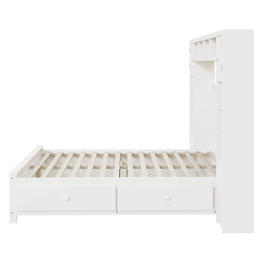 Cama de casal 140x200cm - com 4 gavetas e cabeceira com grande arrumação - madeira maciça - Branco