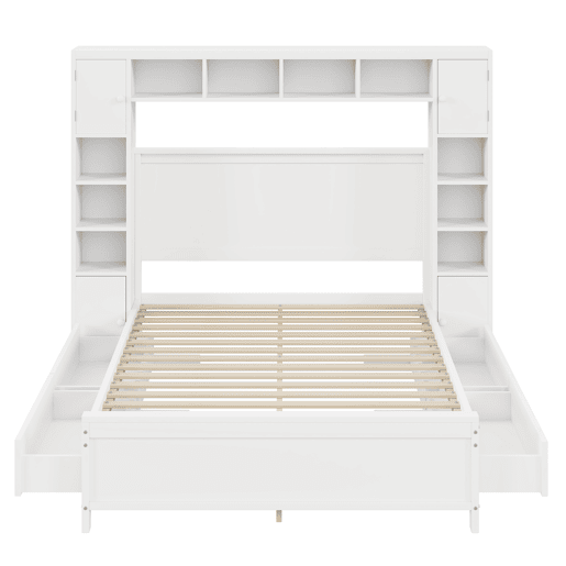Cama de casal 140x200cm - com 4 gavetas e cabeceira com grande arrumação - madeira maciça - Branco