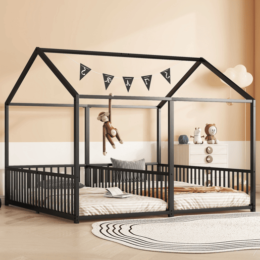 Cama-cama de ferro 2x90x200cm - com teto e estrado de ripas - Preto