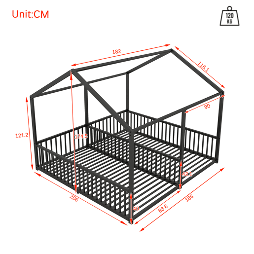 Cama-cama de ferro 2x90x200cm - com teto e estrado de ripas - Preto