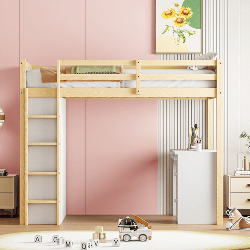 Cama mezzanine 90x200 cm - com móvel de arrumação e secretária - madeira maciça - Natural