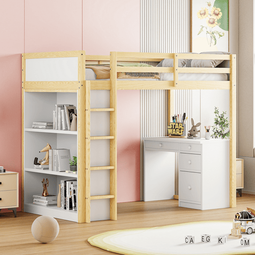 Cama mezzanine 90x200 cm - com móvel de arrumação e secretária - madeira maciça - Natural