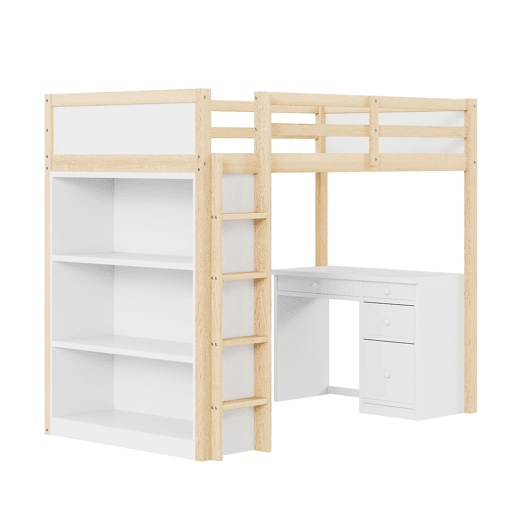 Cama mezzanine 90x200 cm - com móvel de arrumação e secretária - madeira maciça - Natural