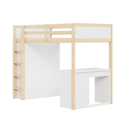 Cama mezzanine 90x200 cm - com móvel de arrumação e secretária - madeira maciça - Natural