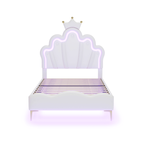 Cama de criança 90x200cm com LED - cama de princesa com almofada de pele sintética - Branco