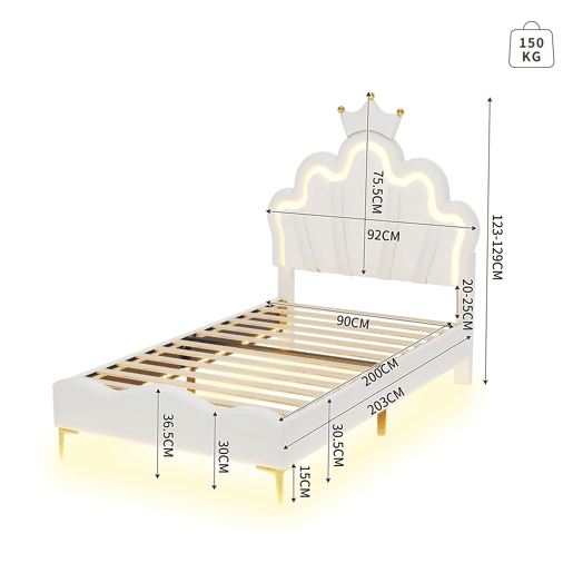 Cama de criança 90x200cm com LED - cama de princesa com almofada de pele sintética - Branco