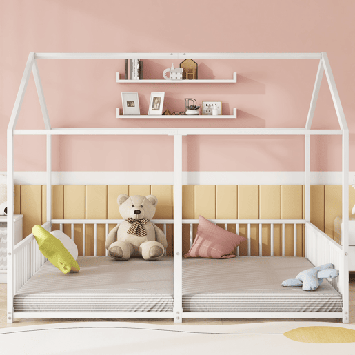 Cama-cama de ferro 2x90x200cm - com teto e estrado de ripas - Branco Cama-cama de ferro 2x90x200cm - com teto e estrado de ripas - Branco