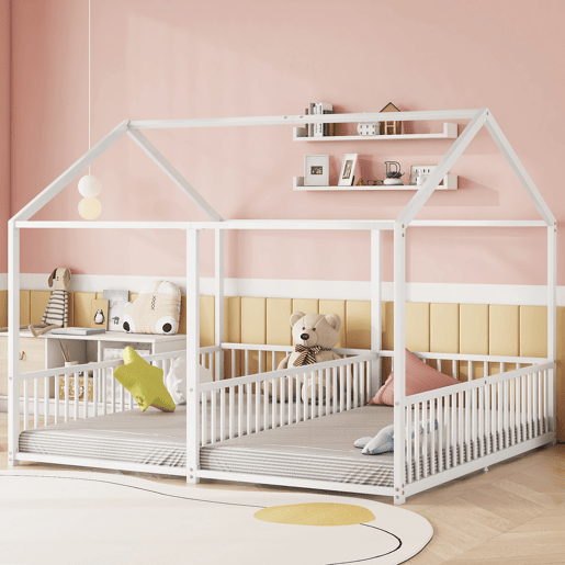 Cama-cama de ferro 2x90x200cm - com teto e estrado de ripas - Branco Cama-cama de ferro 2x90x200cm - com teto e estrado de ripas - Branco