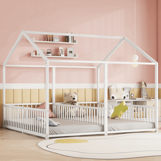 Cama-cama de ferro 2x90x200cm - com teto e estrado de ripas - Branco Cama-cama de ferro 2x90x200cm - com teto e estrado de ripas - Branco