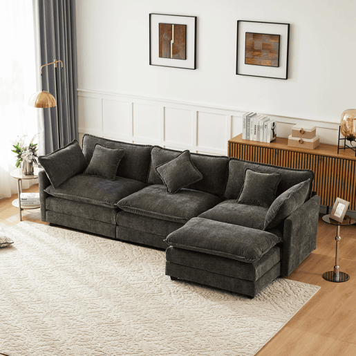 Sofá de canto de 3 lugares em chenille com apoio modular para os pés - Cinzento